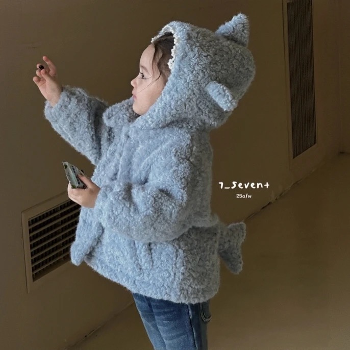 7seven 25冬 1121女童可爱加厚蓝色毛毛鱼尾巴连帽外套
