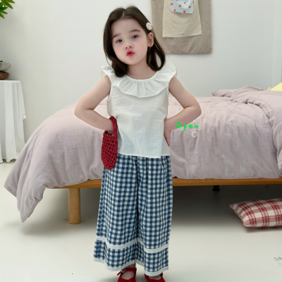 Opao•26夏~女童白色娃娃领背心+格子直筒裤两件套8086