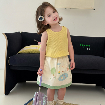 Opao•26夏~女童黄色坑条背心6763 卡通印花半身裙8105