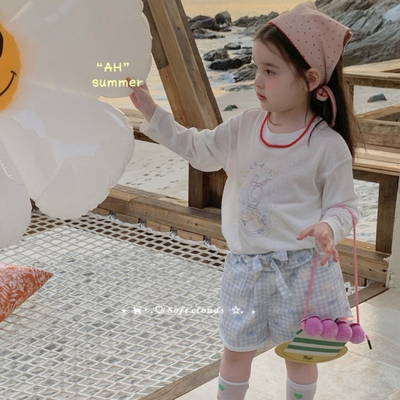 26夏 AH 女童白色卡通长袖薄上衣77133 蓝色格子裤77230