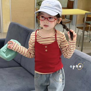Opao 6050女童2026春款红色吊带条纹假两件长袖T恤