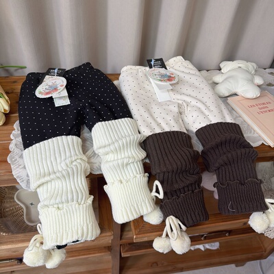 7seven 9445女童冬款圆点带袜套蚕丝棉打底裤三层加厚