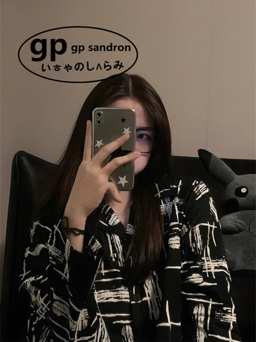 日本小众gp长袖纯棉黑色睡衣男女