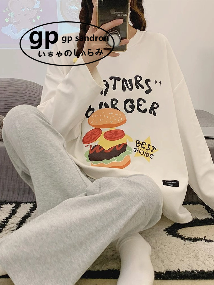 日本小众gp长袖睡衣女款春秋季纯棉可爱汉堡夏天可外穿家居服套装