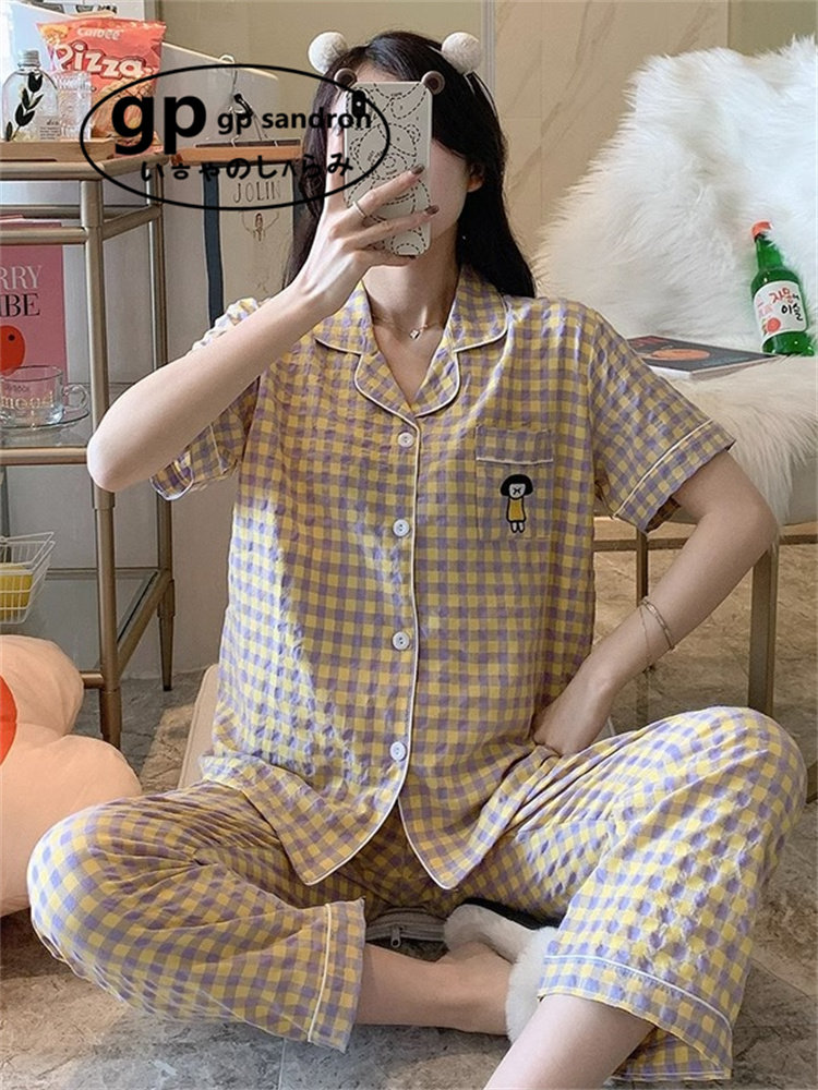 日本gp黄色格子裤睡衣女家居服