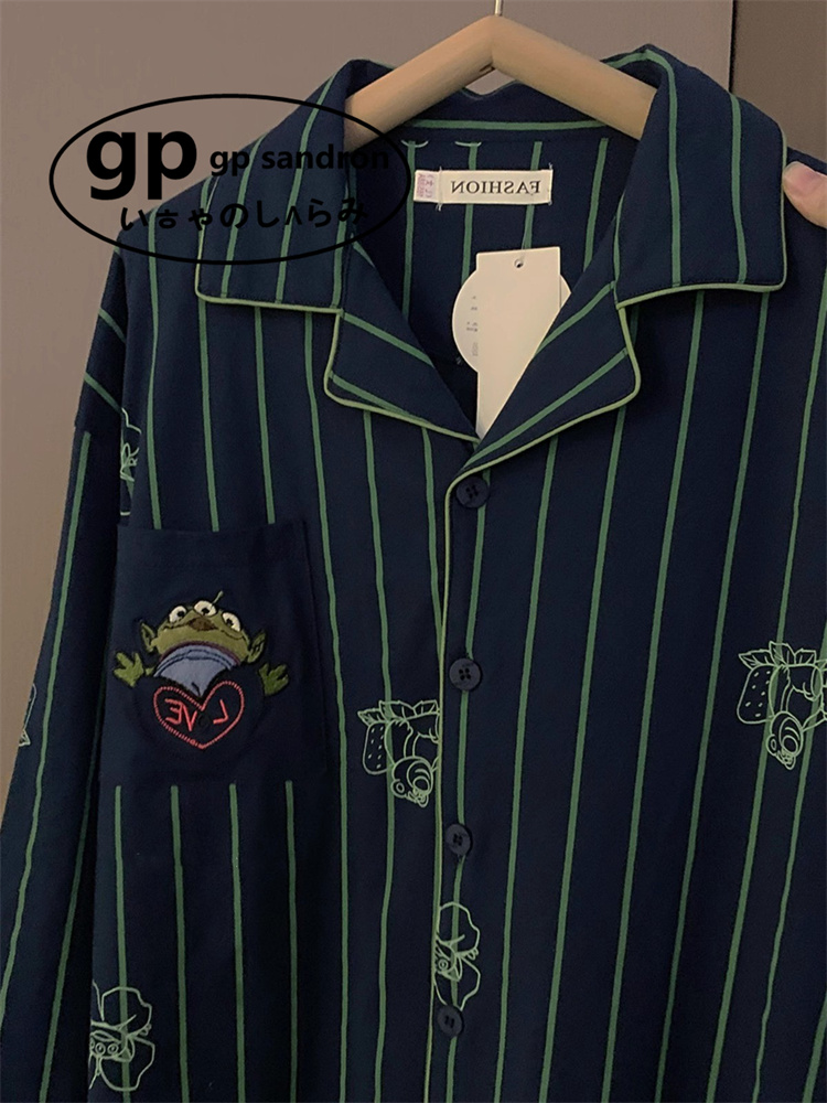 日本gp睡衣女纯棉蓝色条纹三眼仔