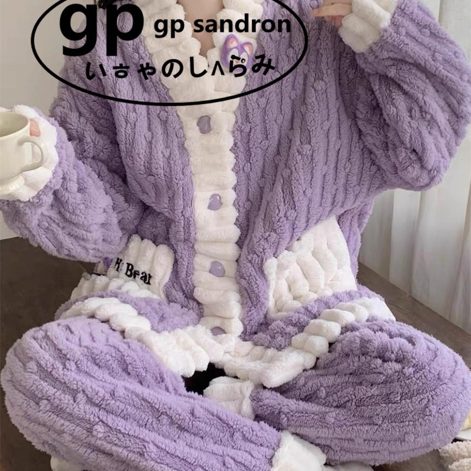 日本gp睡衣女冬季珊瑚绒加绒加厚