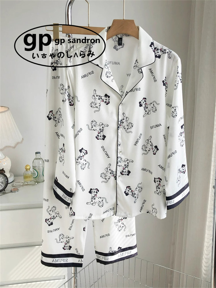 日本小众gp睡衣女款春秋季冰丝长袖可爱小狗两件套夏天丝绸家居服