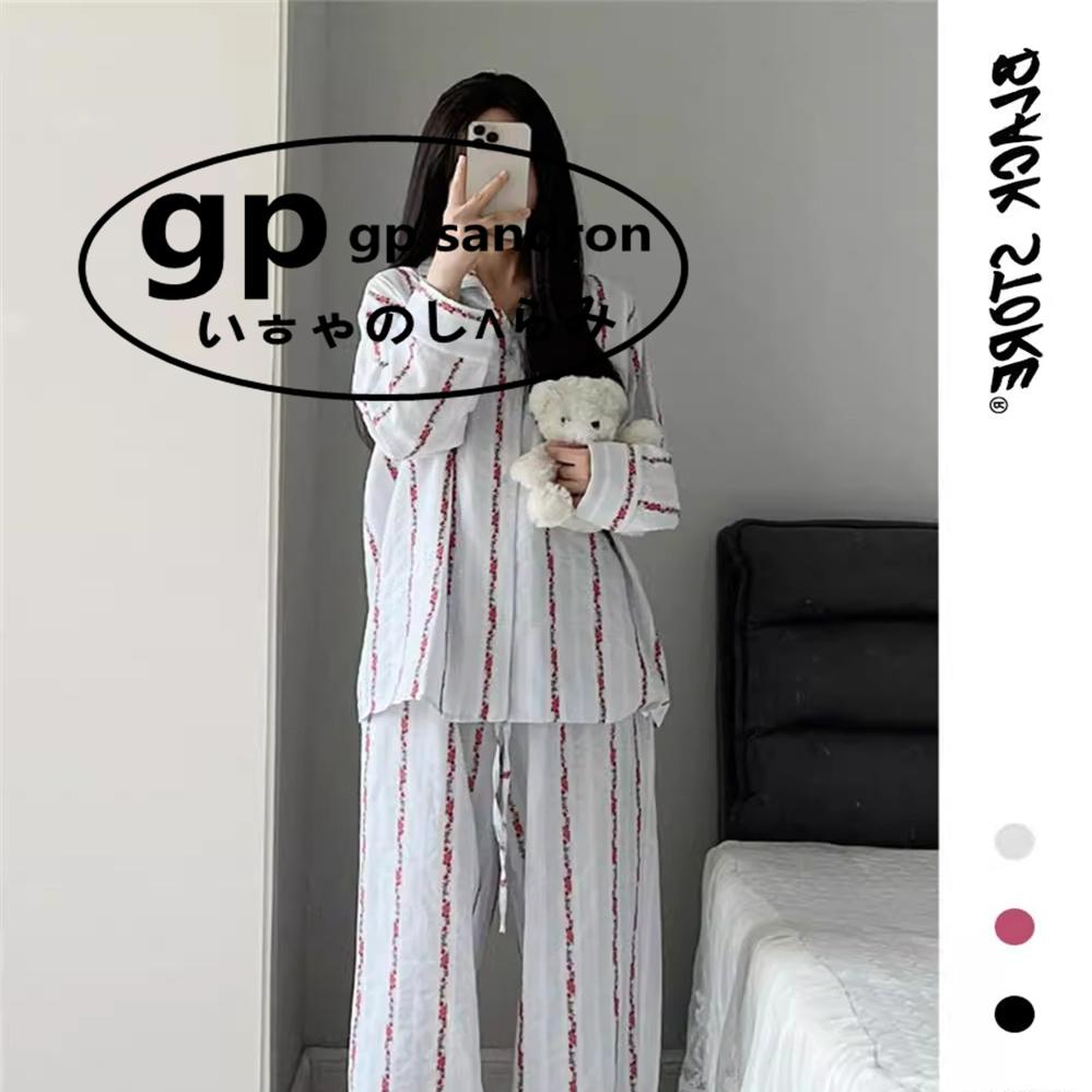 日本GP复古碎花条纹长袖睡衣女