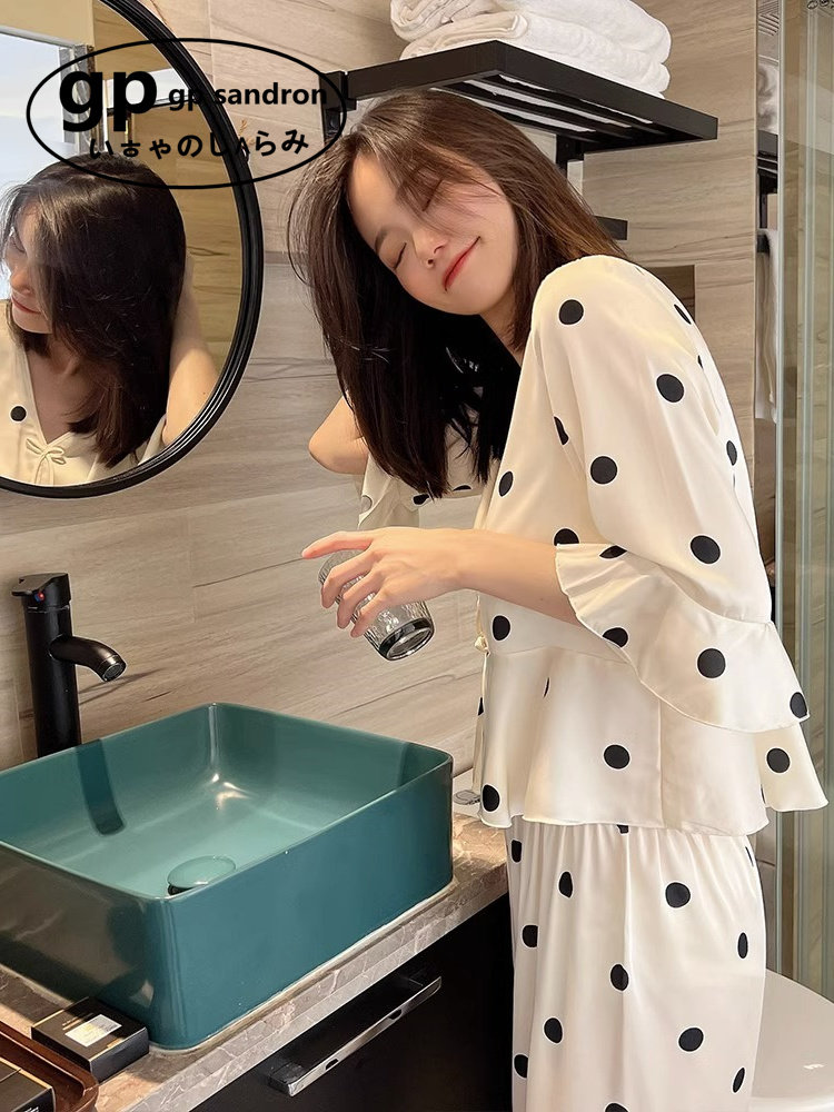 日本gp冰丝睡衣女荷叶边袖家居服
