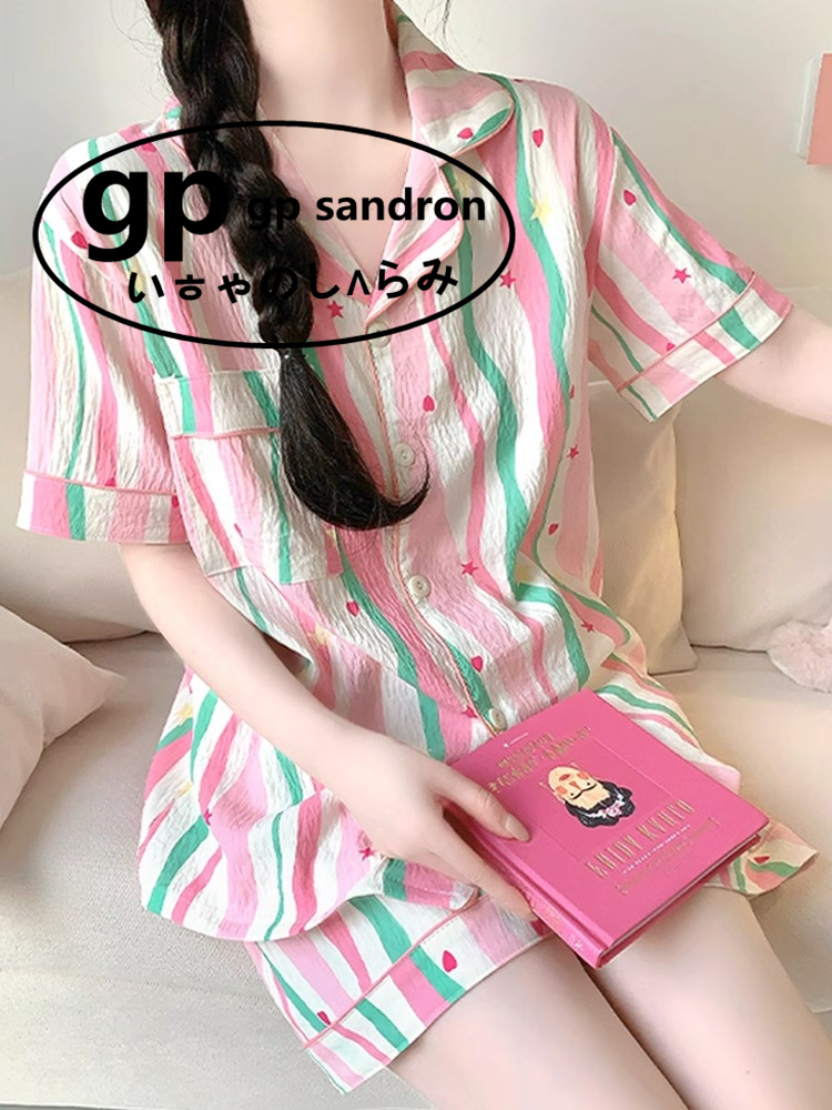 日本gp条纹睡衣女短袖套装