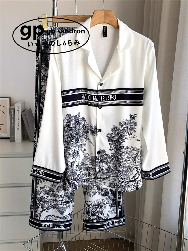 日本小众gp睡衣女春秋款冰丝长袖山水画男士可外穿家居服套装夏季