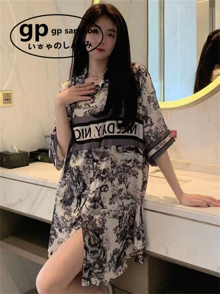 日本gp冰丝睡裙女水墨画睡衣裙
