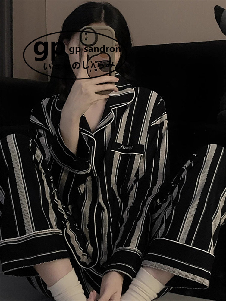 日本gp睡衣男纯棉长袖黑色条纹