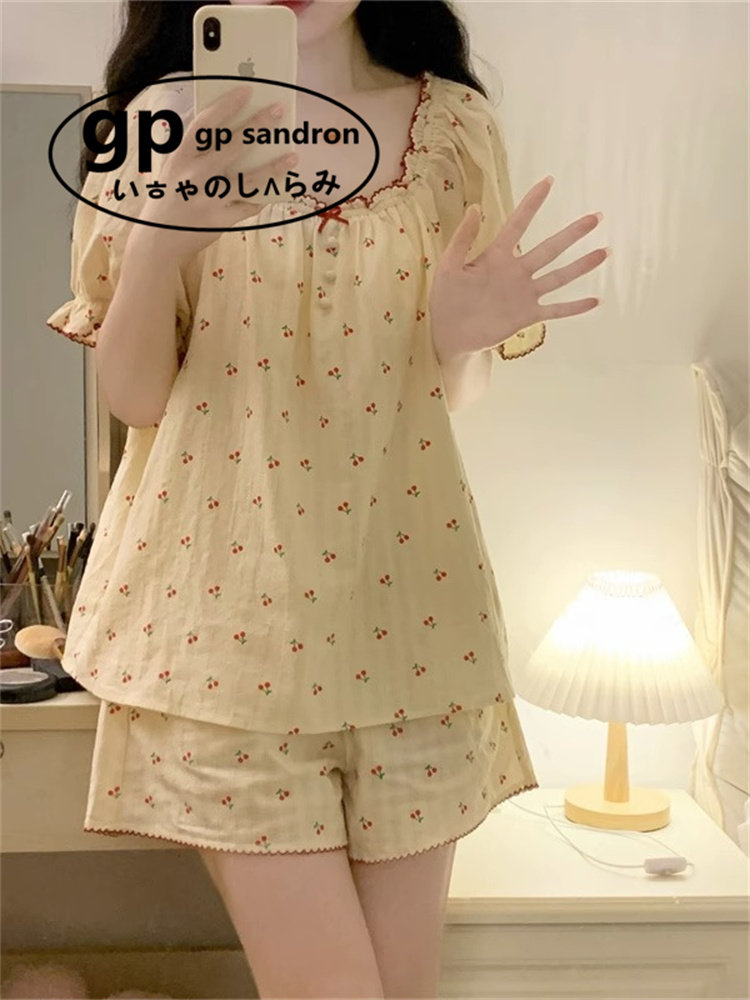 日本gp碎花睡衣女夏季樱桃家居服