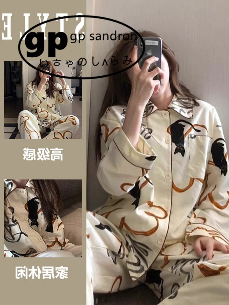 日本gp线描睡衣女春秋家居服大码