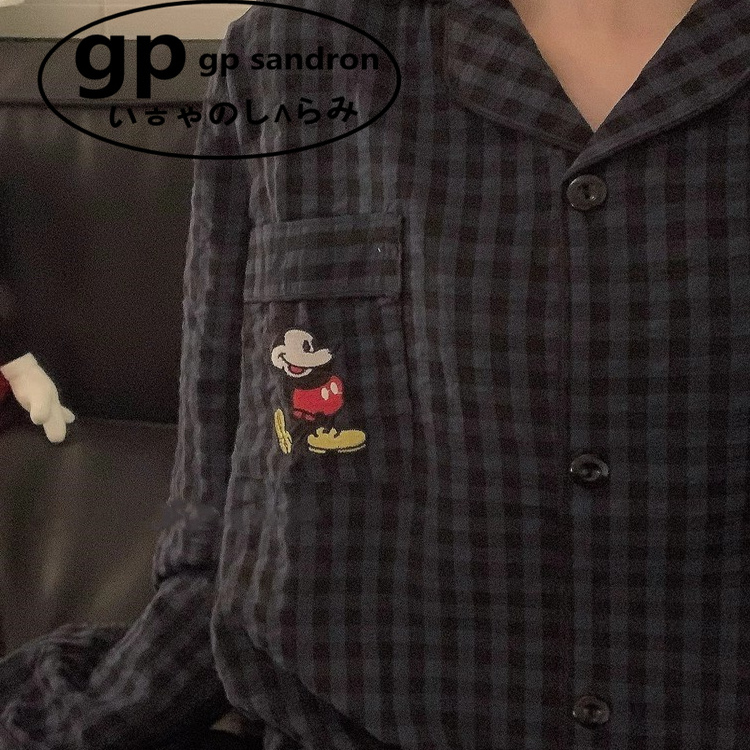 日本gp格子情侣睡衣米奇男女套装