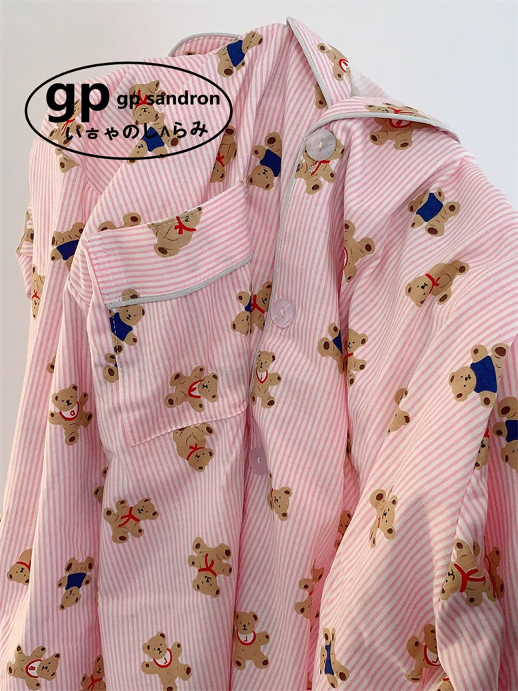 日本gp条纹粉色小熊睡衣女纯棉