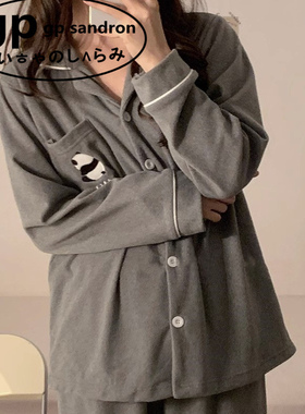 日本小众gp睡衣女珊瑚绒秋冬季日系灰色德绒熊猫家居服男薄绒套装