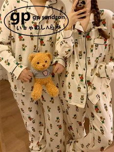 日本小众gp睡衣女款春秋季纯棉纱男士可爱卡通小熊长袖长裤家居服