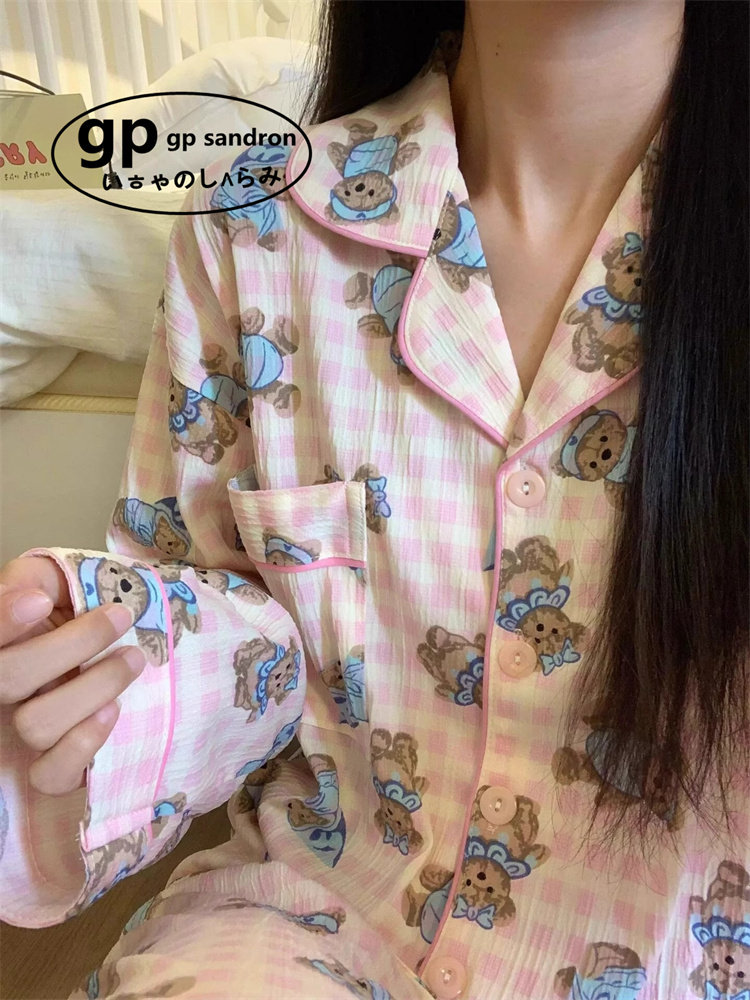 日本GP长袖睡衣女纯棉小熊家居服
