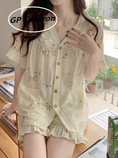 日本gp睡衣女士夏天2022年新款小个子短袖短裤纱布纯棉家居服套装