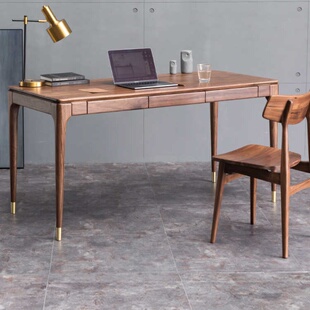 北美黑胡桃木书桌北欧实木电脑台式桌子现代简约家用办公写字桌