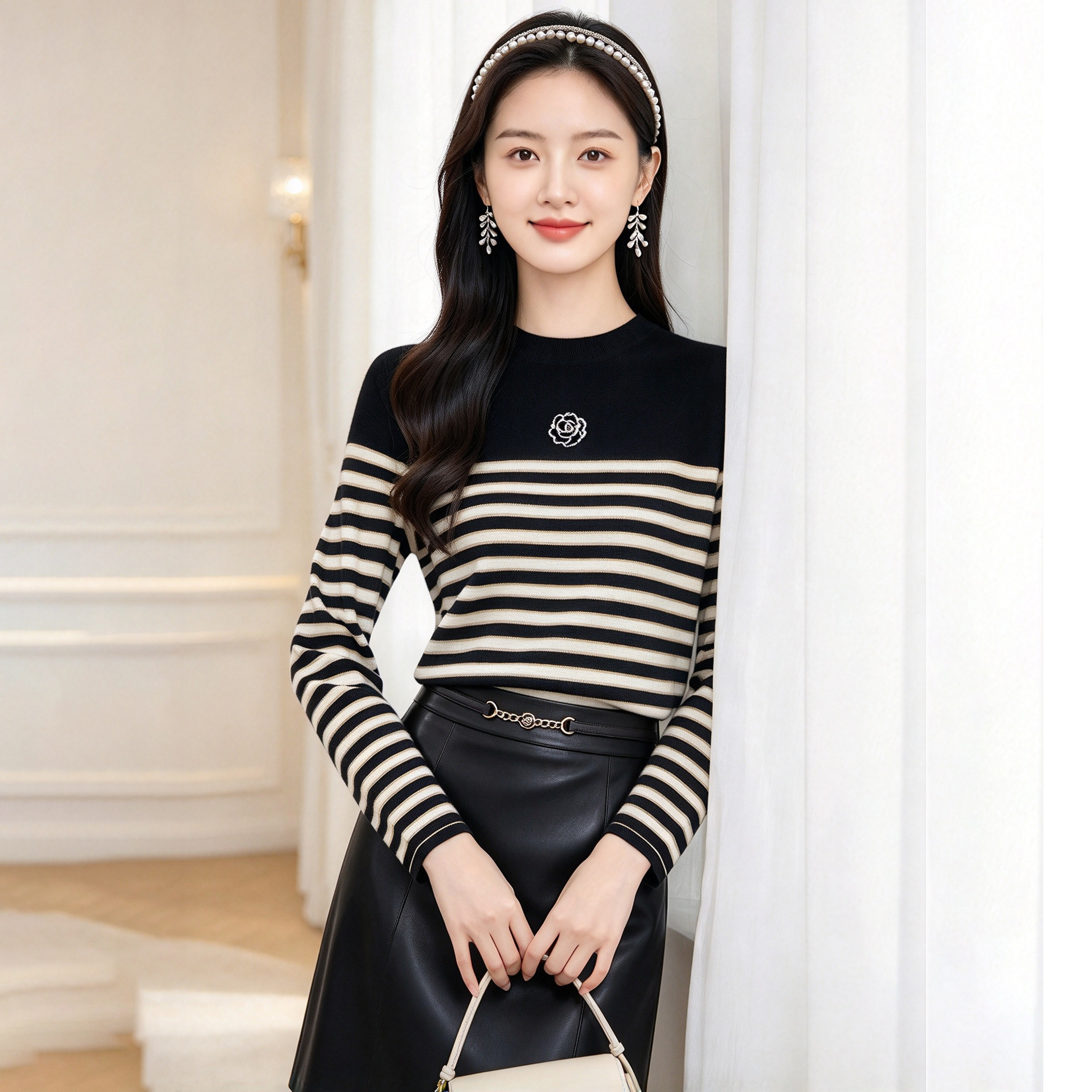 珂莱希商场同款条纹长袖针织衫羊毛衫春秋冬季上衣钉珠钻淑女时尚