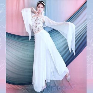 古典舞大袖衫纱衣飘逸中国风舞蹈服身韵白色间珠绣演出服套装儿童