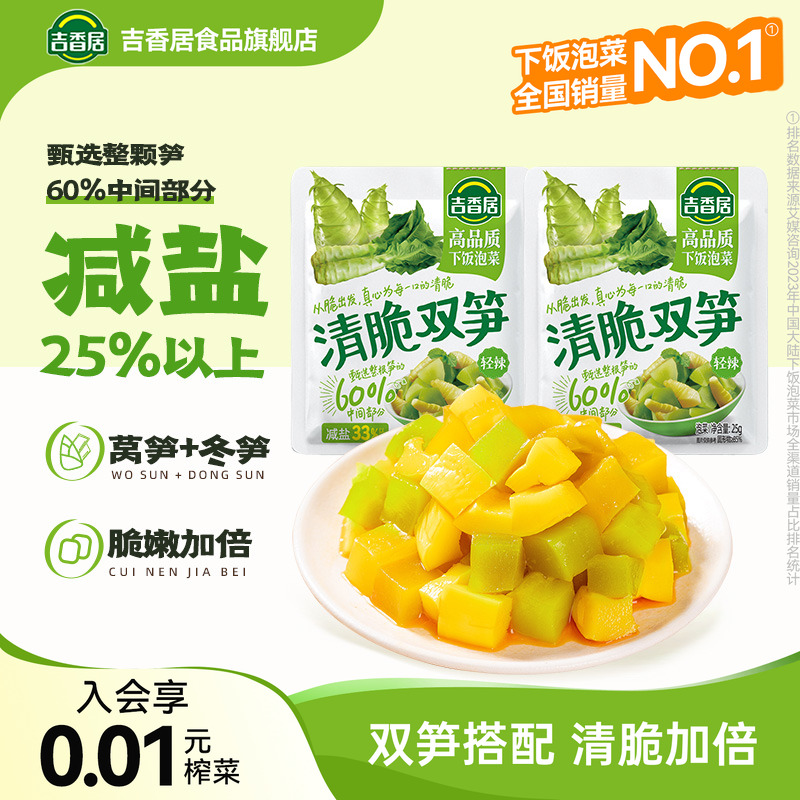 吉香居清脆双笋榨菜咸菜腌菜莴笋泡菜配粥小菜即食竹笋开味下饭菜