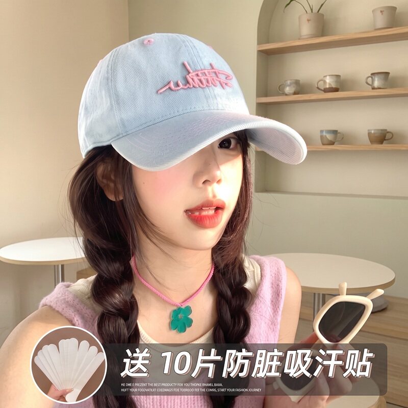 日本代购刺绣水洗牛仔棒球帽女宽帽檐大脸显脸小复古百搭鸭舌帽子