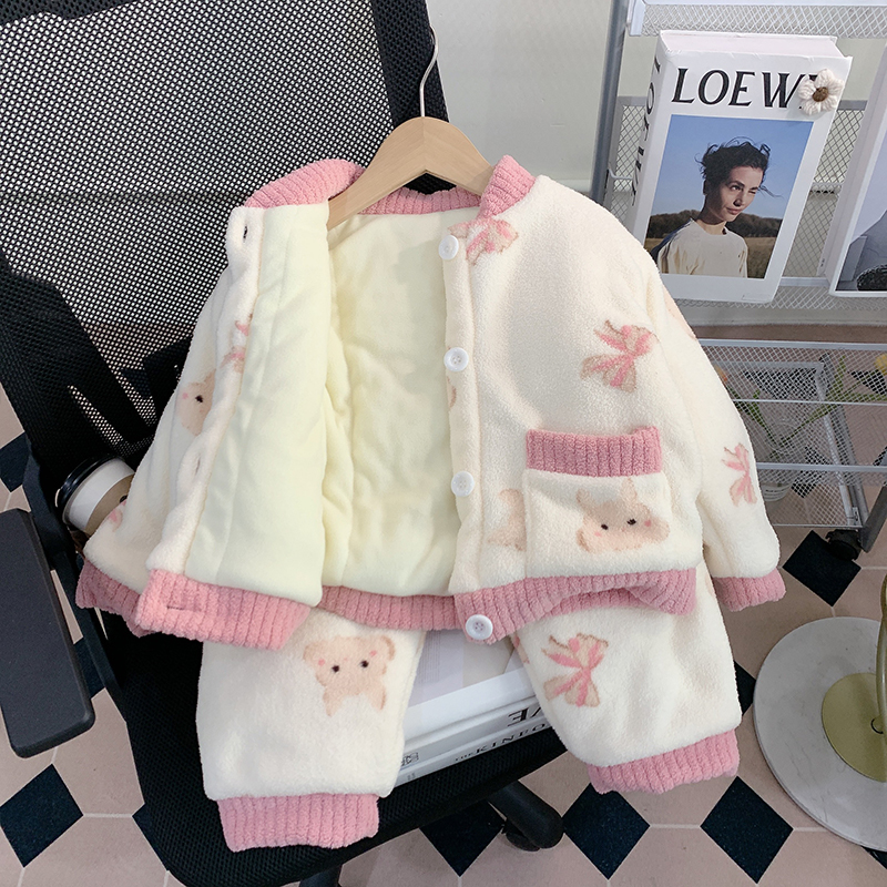 儿童睡衣女童珊瑚绒冬季加厚女宝宝三层夹棉法兰绒保暖家居服套装