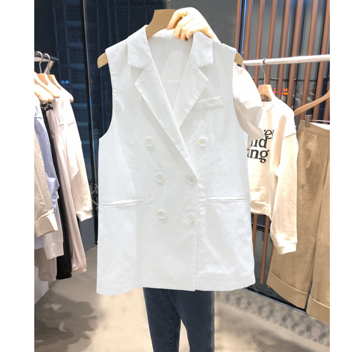 棉麻马甲女20夏季新品韩版双排扣坎肩时尚百搭白色背心马夹夏款薄