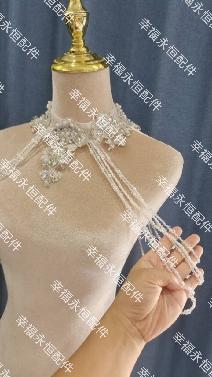 手工缝制水晶奢华婚纱肩链礼服流苏珍珠项链珠颈链新娘婚礼肩饰