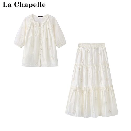 拉夏贝尔/La Chapelle镂空刺绣衬衣半身裙春夏七分袖小衫半裙套装