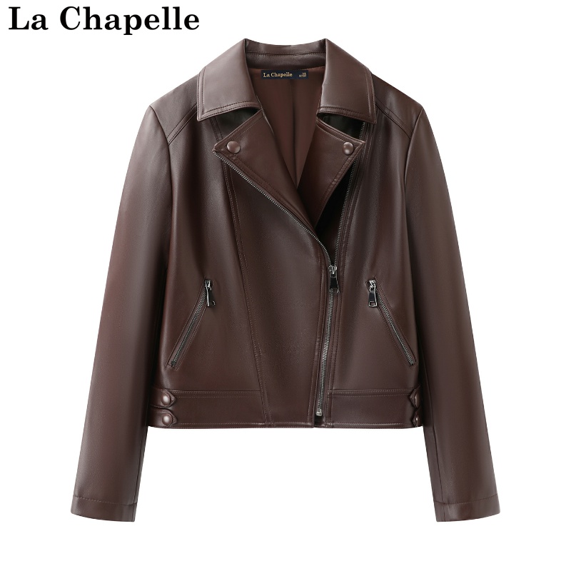 拉夏贝尔/La Chapelle秋季复古机车风翻领PU软皮夹克皮衣女短外套