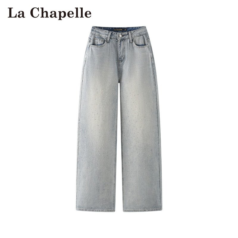 拉夏贝尔/La Chapelle春季新款复古风高腰烫钻设计感阔腿牛仔裤女,女装/女士精品,牛仔裤,淘宝优惠券,粉丝福利购,淘宝优惠卷
