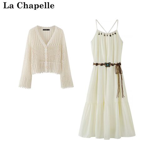 拉夏贝尔/La Chapelle夏季新款镂空针织开衫气质吊带连衣裙两件套