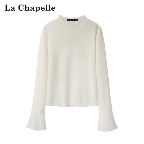 拉夏贝尔/La Chapelle秋冬新款半高领木耳边喇叭袖修身内搭上衣女