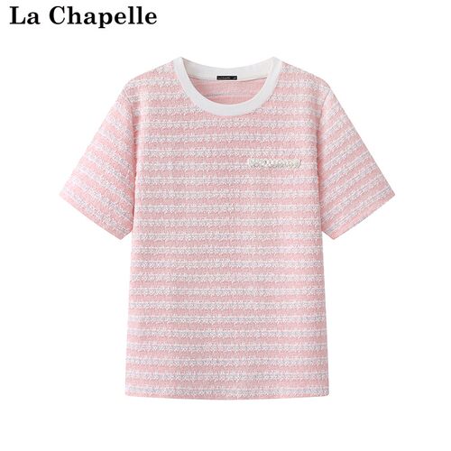 拉夏贝尔/La Chapelle小香风条纹短袖T恤女夏季新款圆领正肩上衣