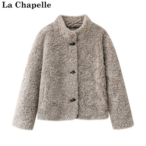 拉夏贝尔/La Chapelle秋冬新款纯色立领仿羊羔绒轻奢通勤开衫外套