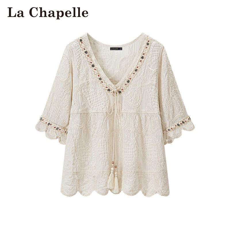 拉夏贝尔/La Chapelle春夏新款套头V领刺绣波西米亚风七分袖上衣