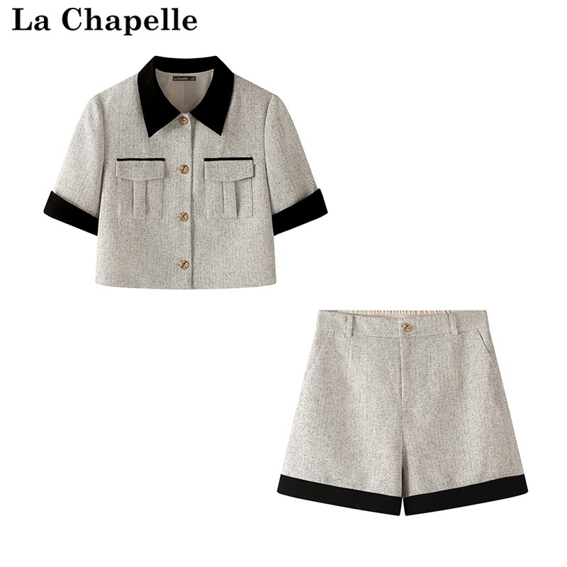 拉夏贝尔/La Chapelle夏季新款时尚小香风上衣短裤休闲两件套女士
