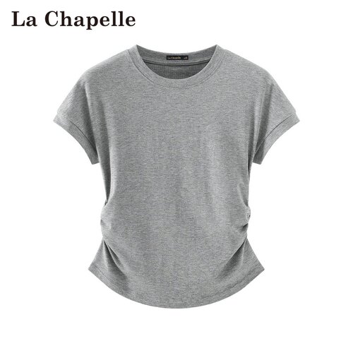 拉夏贝尔/La Chapelle春夏新款纯色圆领韩式收腰显瘦通勤短袖上衣