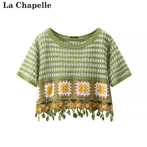 拉夏贝尔/La Chapelle复古撞色镂空钩花针织罩衫夏季设计感上衣女