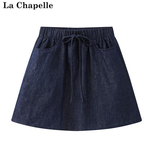 拉夏贝尔/La Chapelle夏季新款高腰松紧腰系绳半身裙防走光牛仔裙