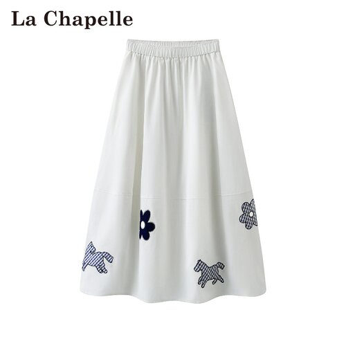 拉夏贝尔/La Chapelle春季新款松紧腰复古风时尚刺绣显瘦半身裙女