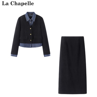 拉夏贝尔/La Chapelle假两件上衣灯芯绒牛仔拼接半身裙两件套套装