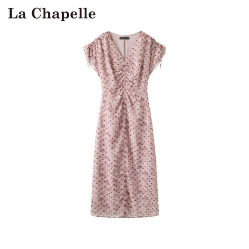 拉夏贝尔/La Chapelle春夏新款法式设计风V领波点雪纺系带连衣裙