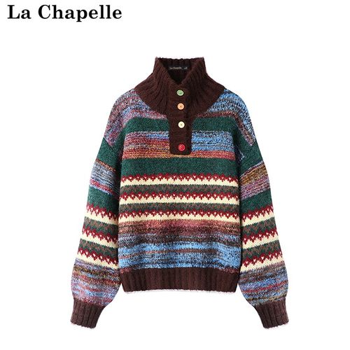 拉夏贝尔/La Chapelle冬季高领排扣套头宽松彩色条纹拼接针织上衣